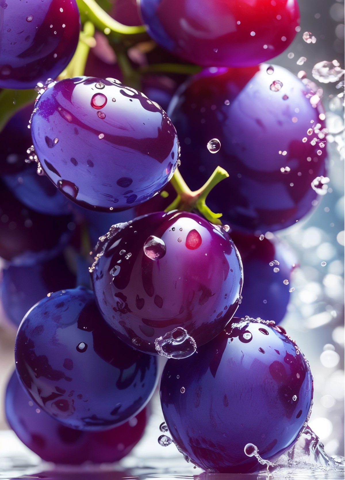 food photography, water splashing, fruit, food, no humans, many grapes, food focus, purple theme, dynamic motion, grapes, ...